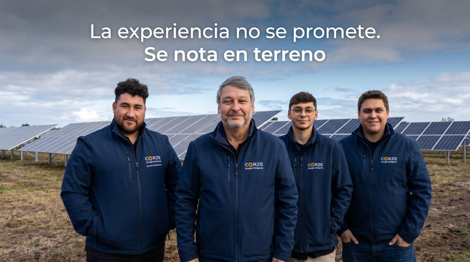 Equipo CORZE en terreno con paneles solares. La experiencia no se promete, se nota en terreno.